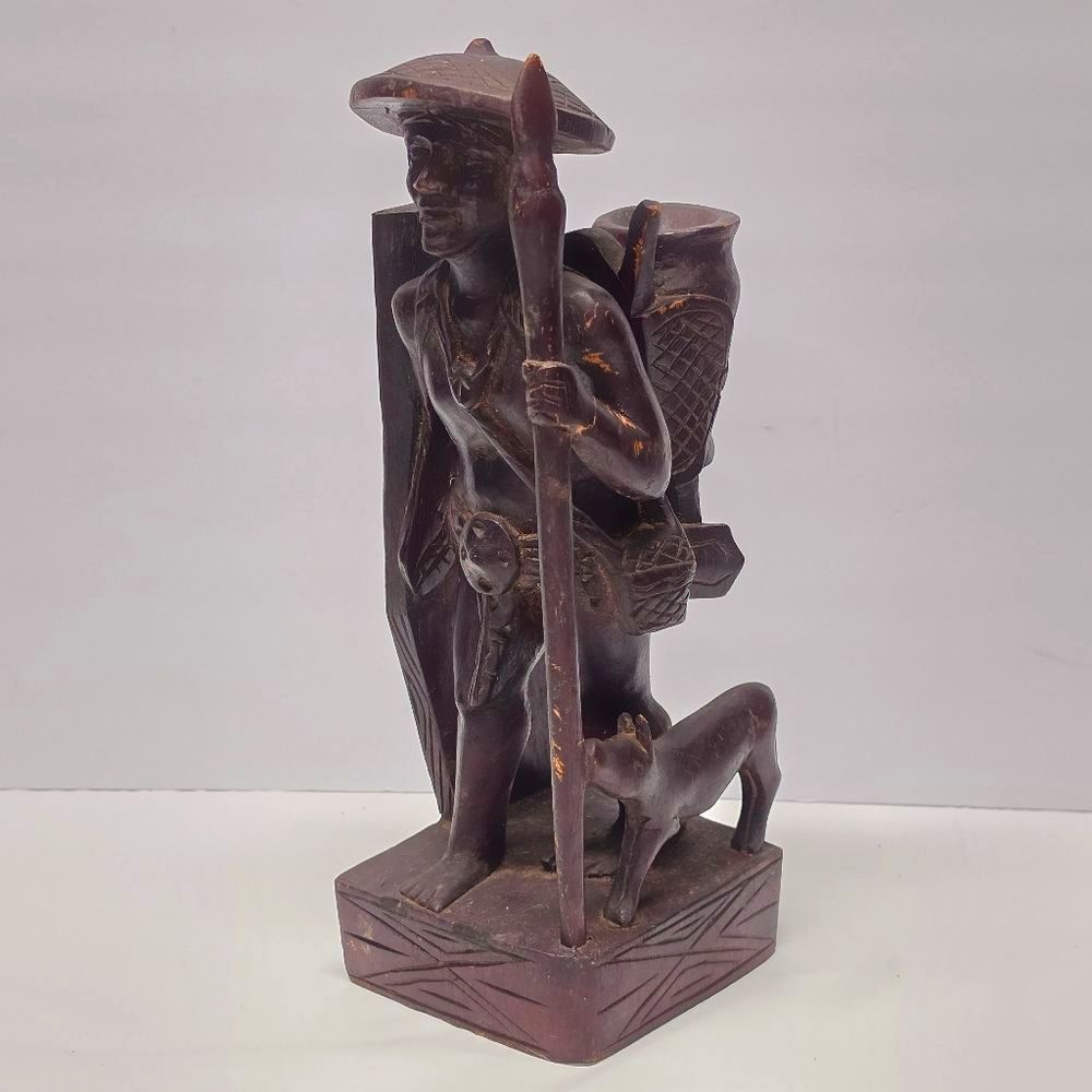 Vintage Indonesian Tribal Hand Carved Wooden Warrior Hunter With Dog Figurine
